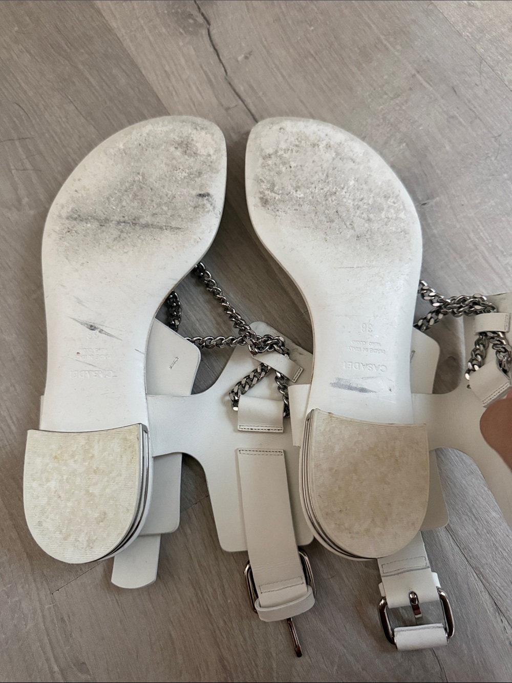 White Chain-Accent Casadei Women's T-Strap Sandals - Picture 9 of 17